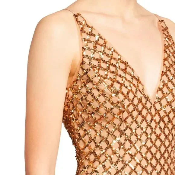 DRESS The Population Luna Gold Sequin Embellished V-Neck Cocktail Mini Dress - Picture 3 of 13